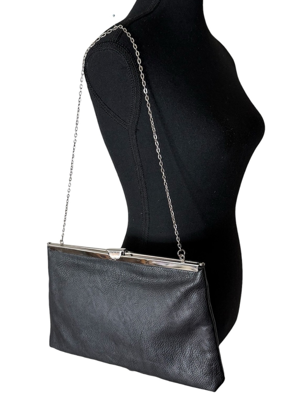 STELLA & MAX Black Faux Leather Silver Tone Frame Clutch Purse Bag Chain